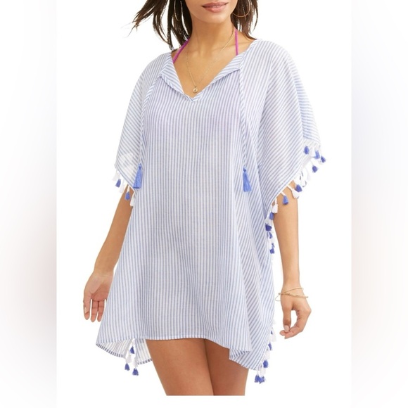 Striped Blue and White Swim Cover-Up Size Medium Summer Beach Lightweight Lounge - Picture 1 of 7